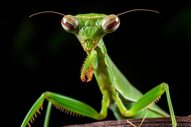 a close up of a praying mantisce on a branch