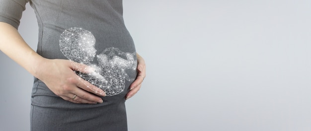 Close up of pregnant woman's belly with hologram fetus.