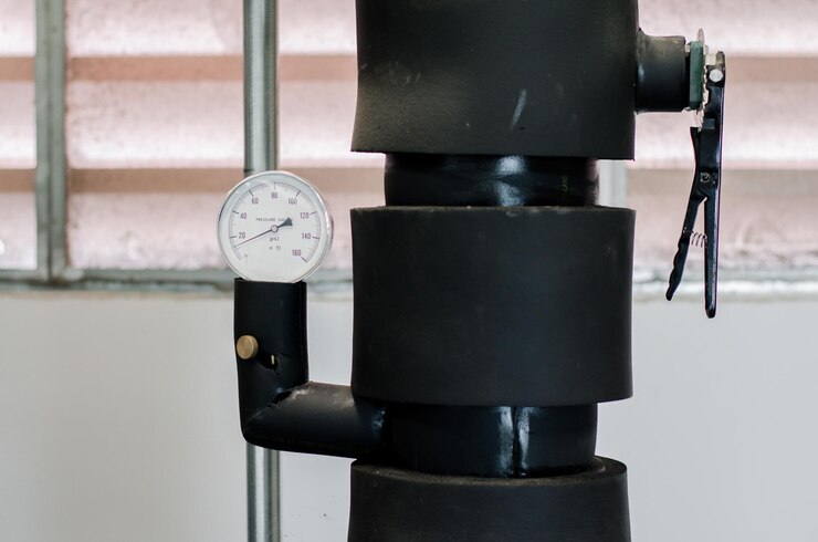 Photo close-up of pressure gauge against wall