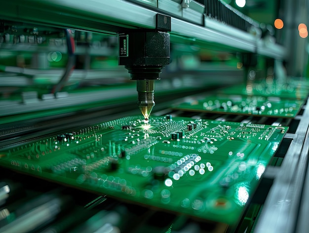 Close up of a printed green computer circuit board board being cut by a machine with a green color scheme