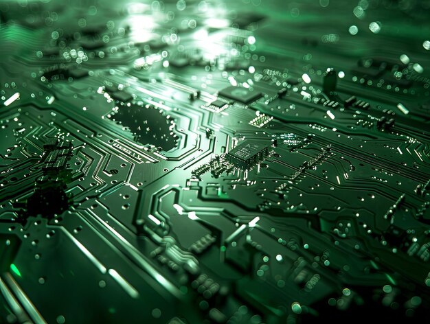 Close up of a printed green computer circuit board