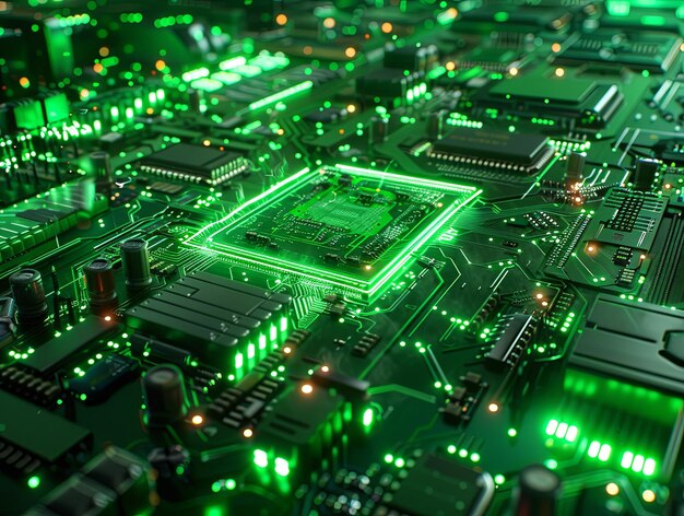 Close up of a printed green computer circuit board