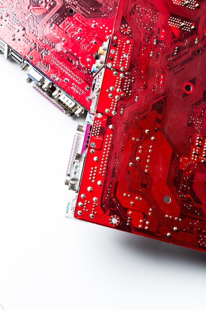 Photo close up of a printed red computer circuit board