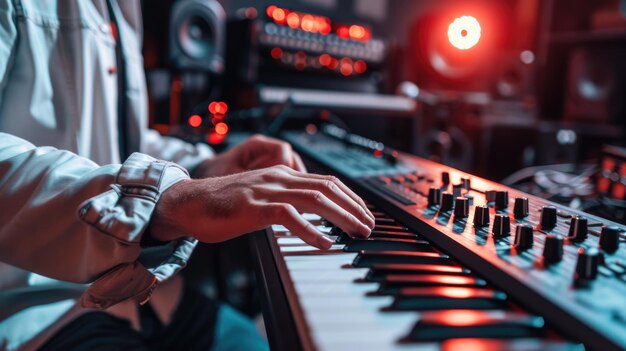 Close up of professional smart musician playing keyboard at music studio aig