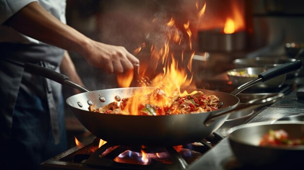 Close-up Professionele chef-kok handen koken voedsel met vuur in de keuken van restaurant