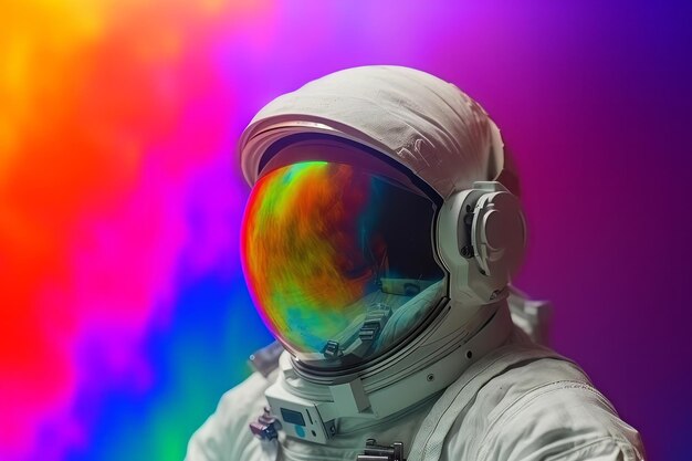 Close up profile of cosmonaut in colors of rainbow with abstract light