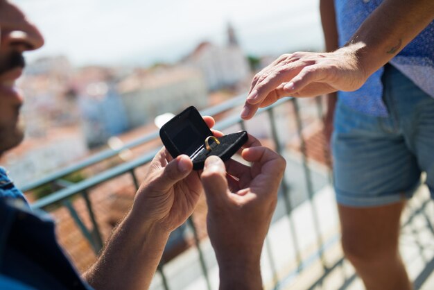 Close-up of proposal ring in black box