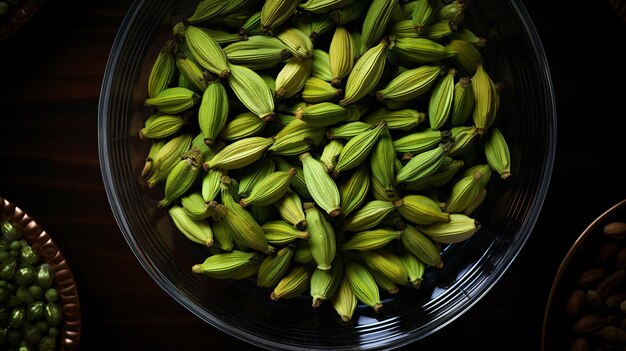 Close-up proto van een glazen pot vol met groen kardemompoeder