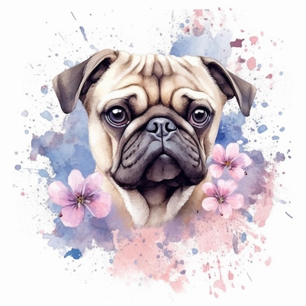 a close up of a pug dog with flowers on a white background generative ai