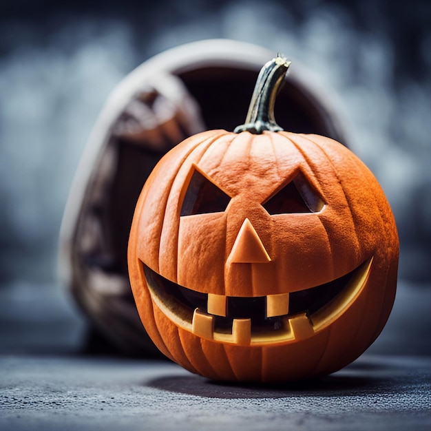 Close up of pumpkin jack o lantern halloween decoration created with generative AI technology