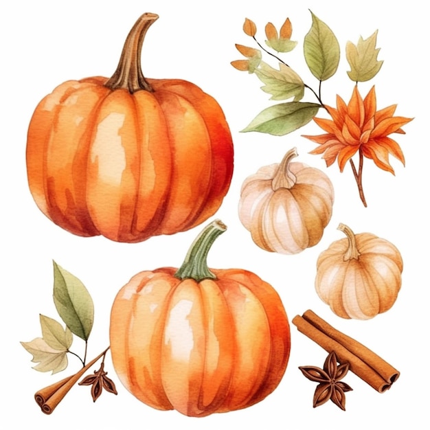 A close up of a pumpkin and other autumn decorations on a white background generative ai