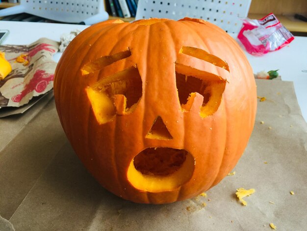 Close-up of pumpkin on pumpkins during halloween