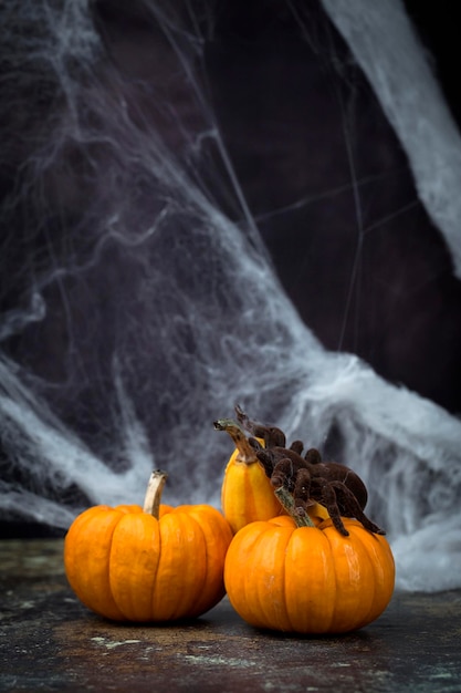 Foto close-up di zucche su legno durante l'autunno