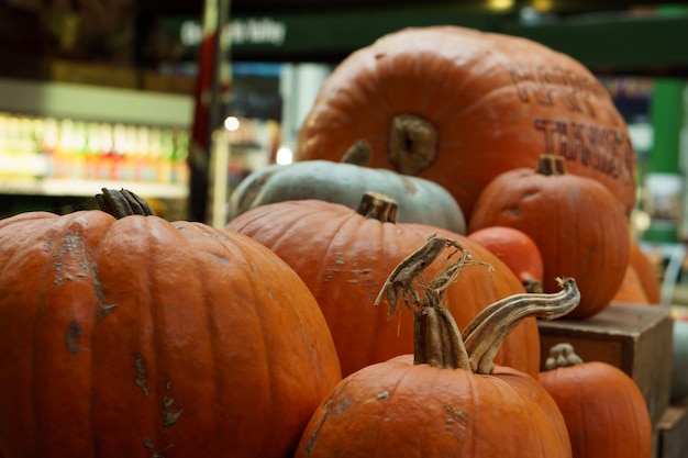 Foto prossimo piano di una zucca per la vendita al mercato