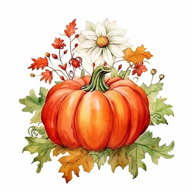 a close up of a pumpkin with flowers and leaves on a white background generative ai