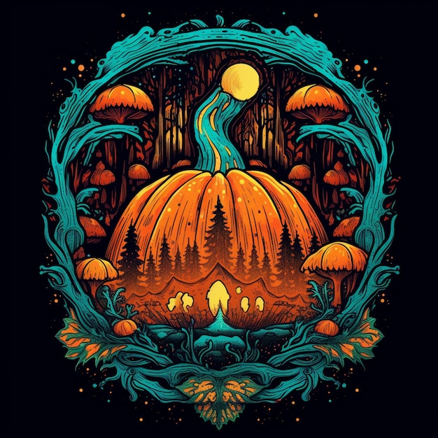 A close up of a pumpkin with a forest in the background generative ai