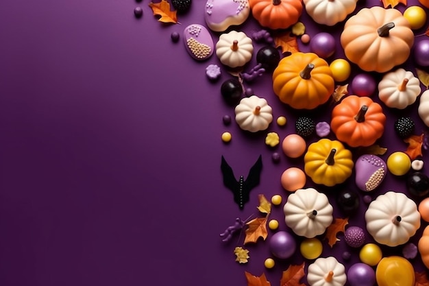 A close up of a purple background with a lot of different colored pumpkins generative ai