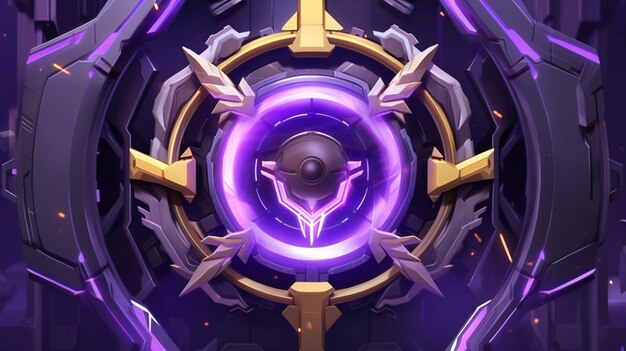 a close up of a purple and black emblem with a purple light generative ai