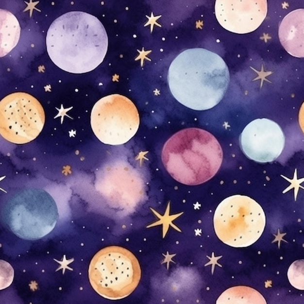 a close up of a purple and blue background with stars and planets generative ai