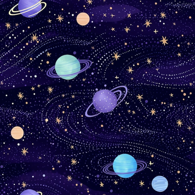 A close up of a purple and blue space with planets generative ai