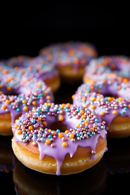 a close up of a purple doughnut with purple and yellow sprinkles.