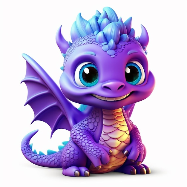 A close up of a purple dragon with blue eyes and a blue tail generative ai