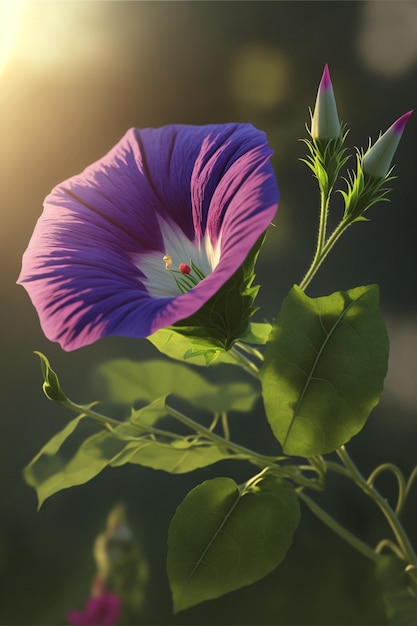 Крупный план фиолетового цветка с зелеными листьями, генеративный ай