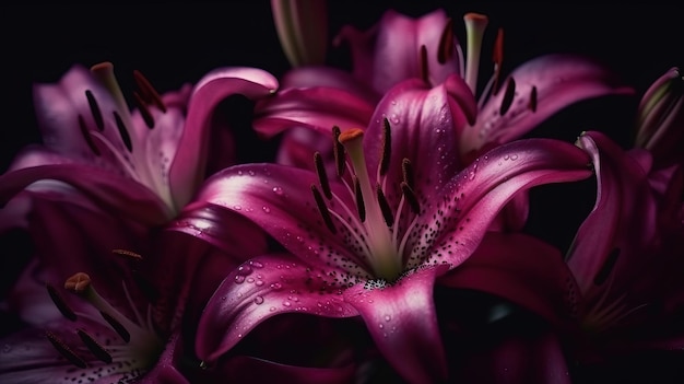 A close up of a purple flower with the word lily on it