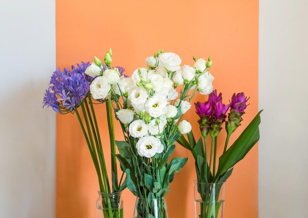 Foto close-up di fiori viola in vaso contro la parete