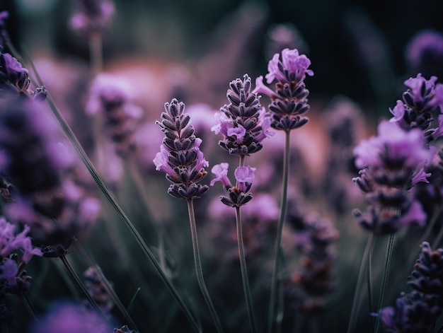 A close up of purple flowers with the light shining on them