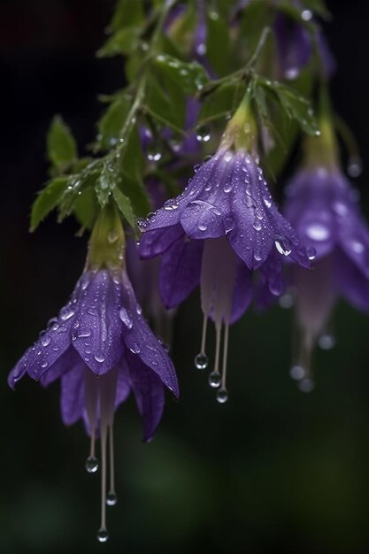 A close up of purple flowers with raindrops on them