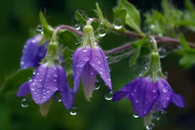 A close up of purple flowers with raindrops on them