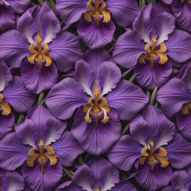 a close up of purple flowers with yellow centers.