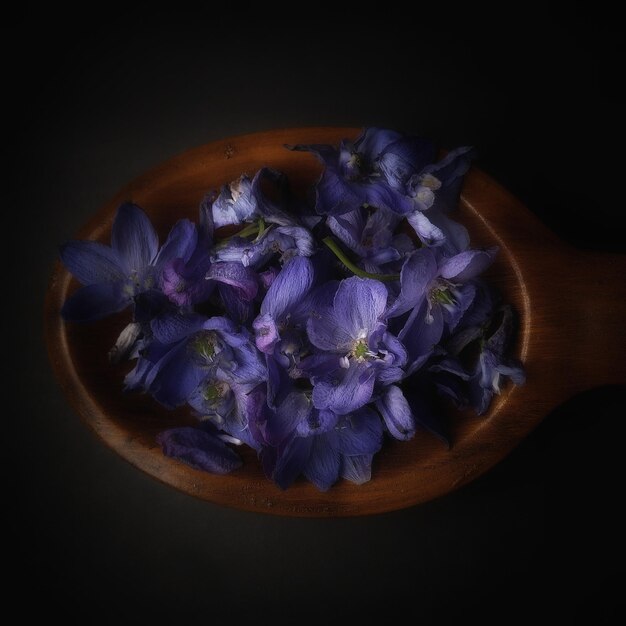 Photo close-up of purple flowers in wooden spoon on black background