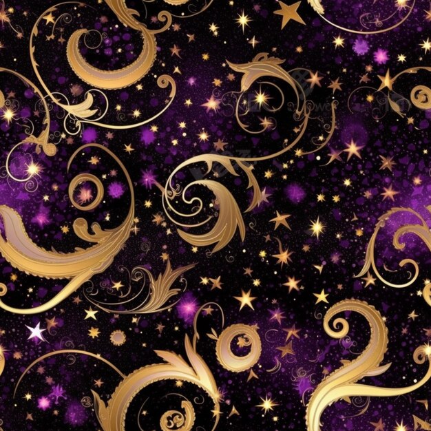 A close up of a purple and gold background with stars generative ai