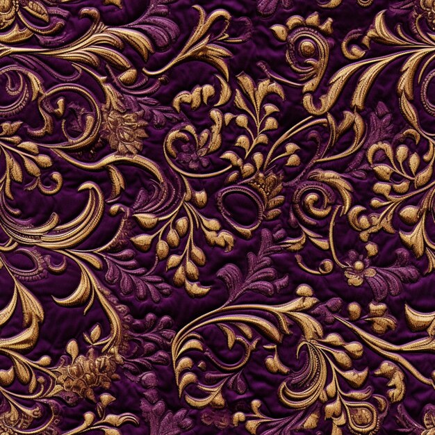 Foto un primo piano di un tessuto viola e oro con un disegno floreale generativo ai
