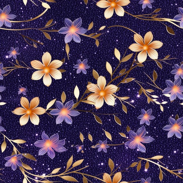 a close up of a purple and gold floral pattern on a blue background generative ai