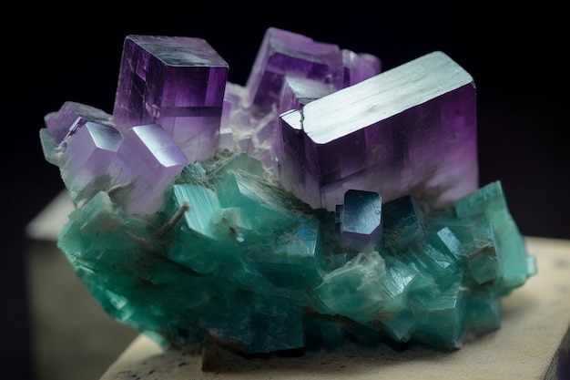 A close up of a purple and green amethyst