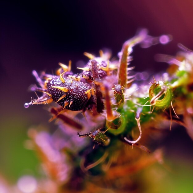 A close up of a purple and green plant with a bug on it