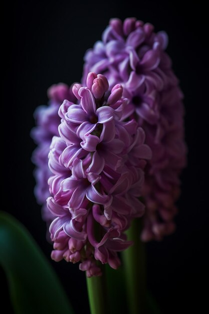 Foto un primo piano di fiori di giacinto viola con la parola giacinto sul fondo.