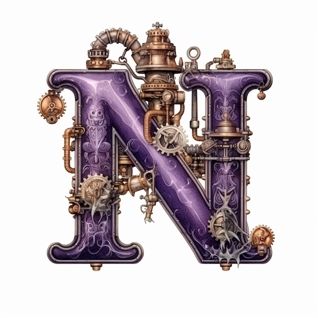 A close up of a purple letter with steam pipes and gears generative ai
