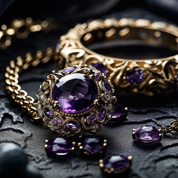 A close up purple Luxurious necklace jewelry design ring elden ring inspired jewelry photography