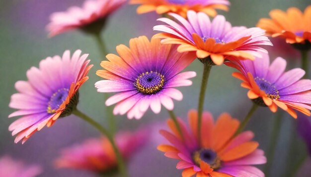 Foto close up di margherite viola e arancione come fiori con uno sfondo di messa a fuoco morbido