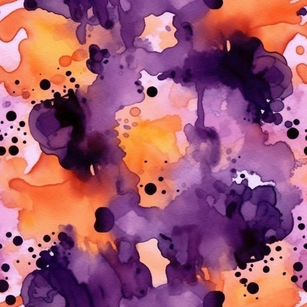 A close up of a purple and orange watercolor painting with black dots generative ai