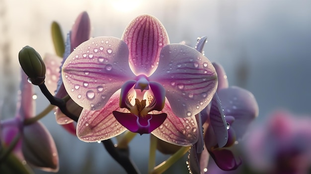 A close up of a purple orchid with water droplets on it