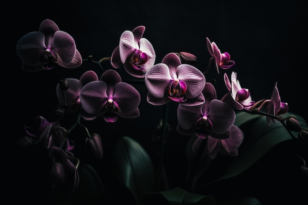 A close up of purple orchids with a black background