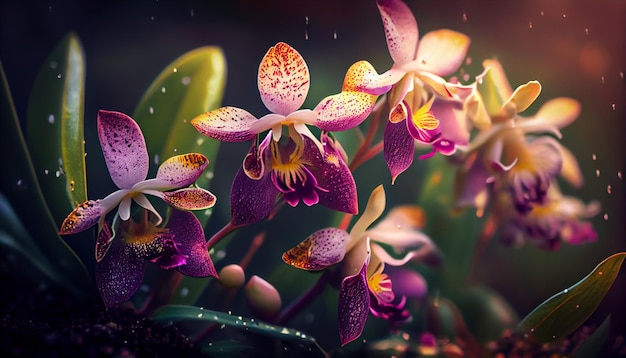 A close up of purple orchids with the raindrops on the petals