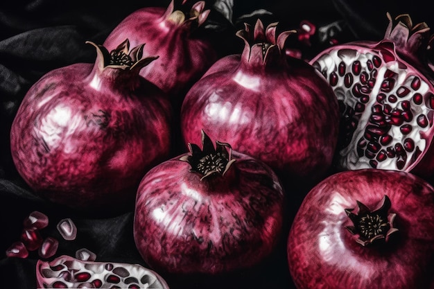 A close up of purple pomegranates with a black background