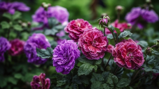 A close up of a purple and red flower arrangement with the word geranium on the left.