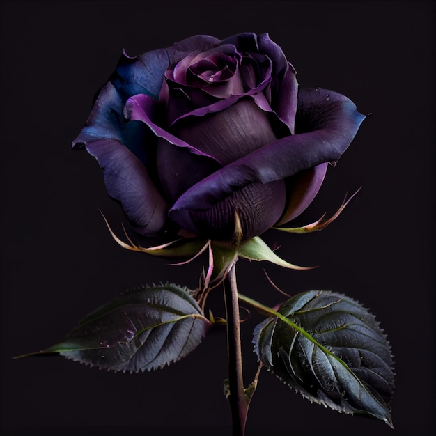 Close up of a purple rose on a black background generative ai